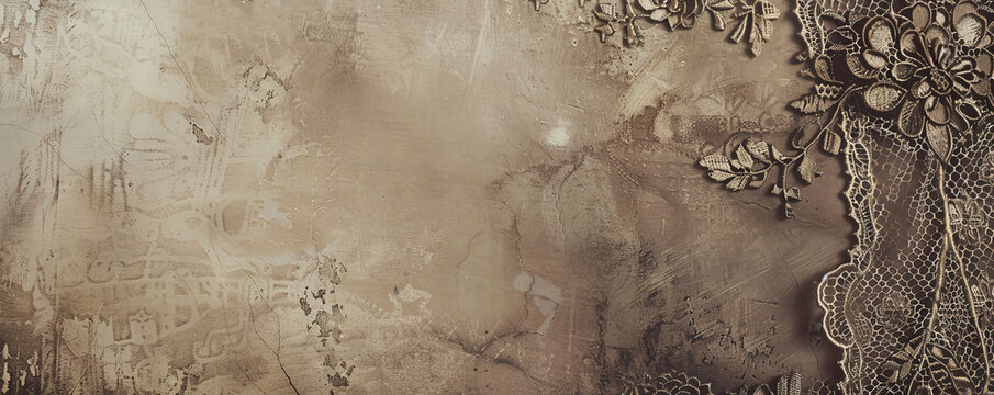 An elegant vintage backdrop with intricate lace patterns and soft sepia tones, ideal for a nostalgic and timeless feel.