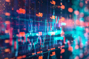 Fototapeta premium Abstract digital display with financial data and graphs, showing fluctuating numbers and lines in vibrant blue and red hues.