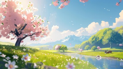 Obraz premium Peaceful spring landscape with cherry blossom trees and a river flowing through a green meadow.