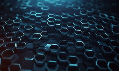 Obraz premium close-up of a dark blue background with numerous hexagonal shapes, creating a visually striking and intricate pattern.