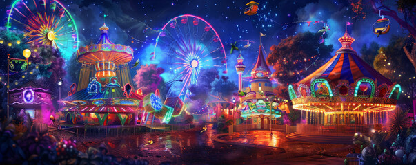 A vibrant carnival backdrop with colorful lights, rides, and festive decorations, creating an exciting and joyful scene.
