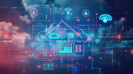 Abstract digital illustration of a smart home with cloud computing and internet of things icons.  The design features a glowing house with network connections.