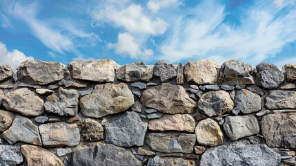 Grunge stone wall with rough, uneven textures, and a serene blue sky in the background