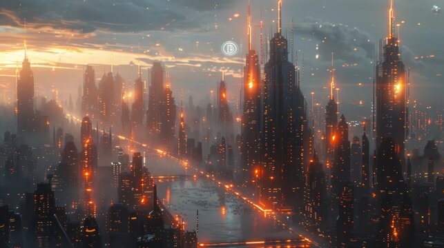 Futuristic cityscape with Bitcoin icons, symbolizing the integration of cryptocurrency in modern urban life. - Powered by Adobe