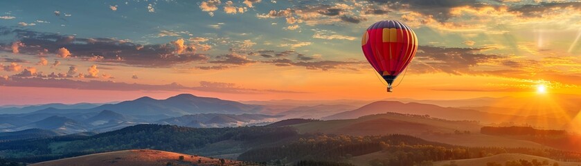 Fototapeta premium Majestic hot air balloon flight at sunrise, peaceful skies, breathtaking views