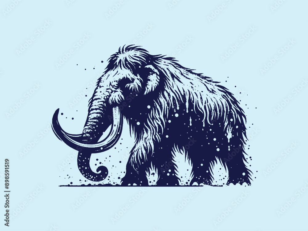 Poster mammoth walking. blue vector illustration. abstraction, tattoo sketch, print