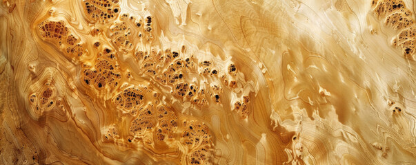 A high-quality maple burl wood backdrop featuring intricate grain patterns and light, creamy tones, ideal for elegant displays.