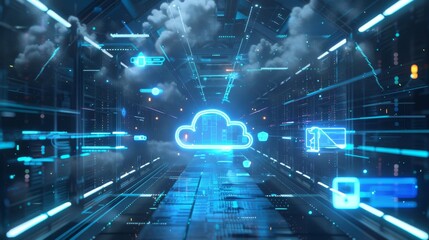 Abstract digital tunnel with a glowing cloud icon representing cloud computing and data storage.