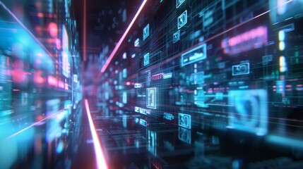 Abstract digital tunnel with glowing lines and data streams. Futuristic, technology, and cyberpunk concept.