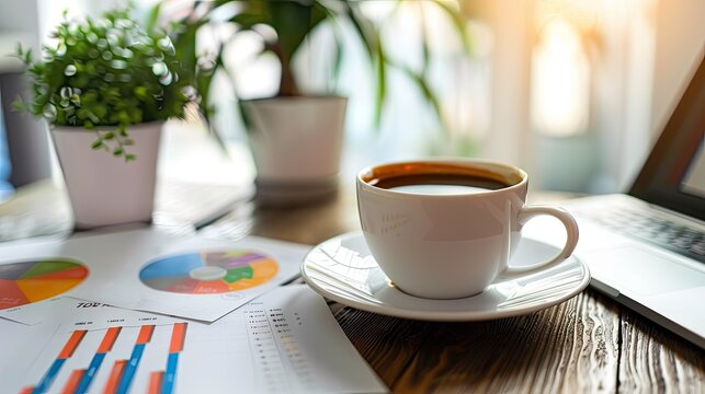 Office desk with financial graphs, a cup of coffee, and a keyboard, ready for business tasks - Powered by Adobe