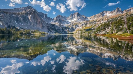 Peaceful alpine lake, reflections of towering mountains, natures mirror