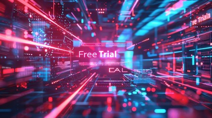 Abstract digital world with glowing neon lines and "Free Trial" sign. Futuristic concept for technology, innovation, and promotion.