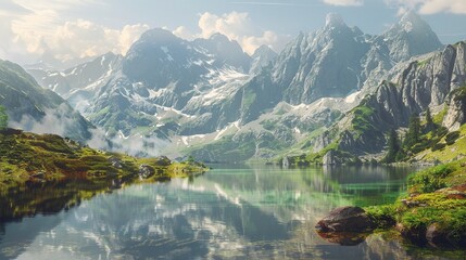Peaceful alpine lake, reflections of towering mountains, natures mirror