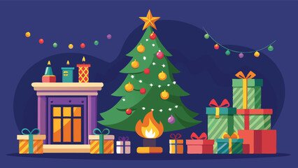 Stylishly decorated Christmas tree with fireplace interiors with a Christmas tree, lights and gifts under the tree.. Generative AI
