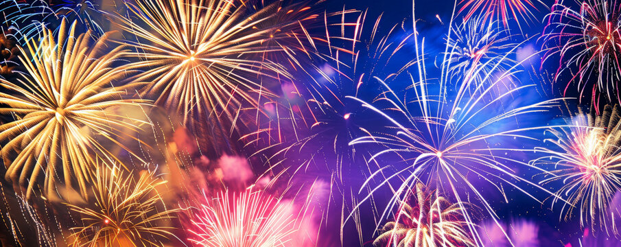 A grand finale of fireworks in a variety of colors, with the lower part of the scene kept dark for copy space.