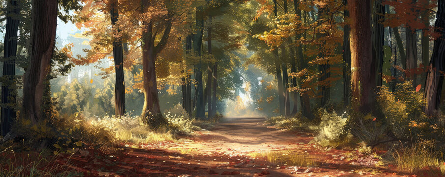 A peaceful forest path backdrop with tall trees, dappled sunlight, and a carpet of fallen leaves, creating a tranquil and enchanting scene.