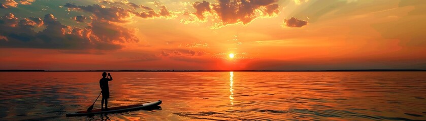 Obraz premium Sunset paddleboarding, serene water, the tranquility of dusk