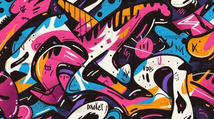 A colorful urban graffiti pattern featuring abstract designs and striking street art elements, capturing the energy of city expression