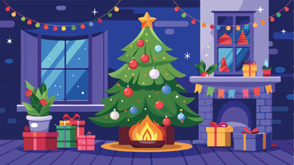 Stylishly decorated Christmas tree with fireplace interiors with a Christmas tree, lights and gifts under the tree.. Generative AI
