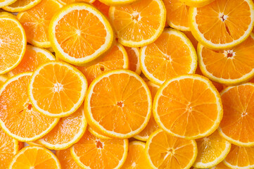 Closeup of sliced oranges on a market