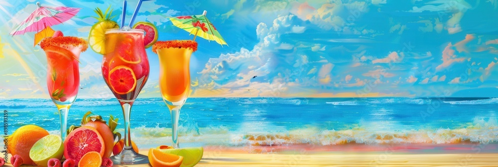 Poster three glasses of colorful cocktails garnished with fruit and umbrellas sit on a sandy beach with oce