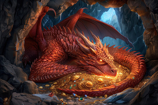 Epic illustration of a red dragon guarding its treasure in a cave