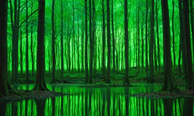 photograph of a forest with tall trees and a body of water in the foreground.