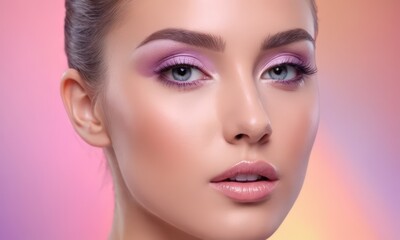 Fototapeta premium close-up of a woman's face with makeup and a pink background.