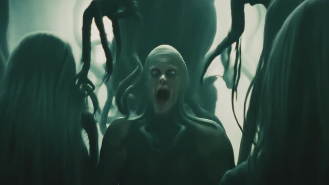 Close up of demonic horror creature with tentacles. Cthulhu monster. The Great Old One fictional creature from fantasy stories. Cinematic clip. High quality 4k footage