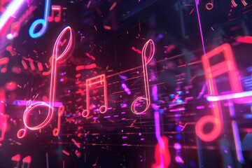Obraz premium Abstract neon music notes and lines in a vibrant and dynamic composition.