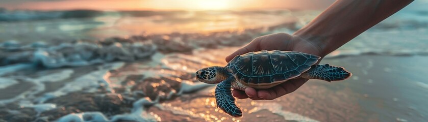 Lifestyle influencer and sea turtles, conservation message, selective focus on hope