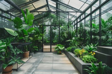 Serene Minimalist Greenhouse Interior with Elegant Glass Walls and Potted Plants for Modern Design