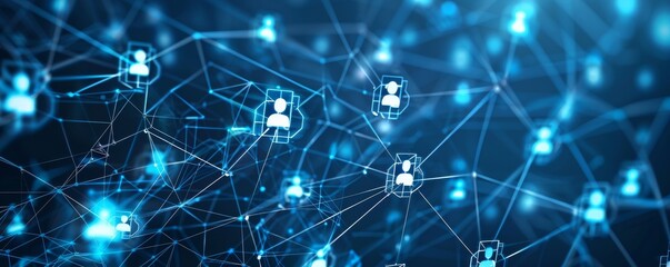 Fototapeta premium Abstract network of glowing blue lines connecting people icons.