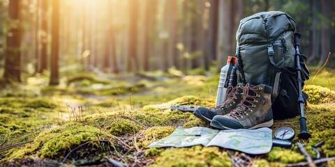 Close-up photo of a hiking backpack, hiking boots, a map, a compass, and hiking equipment on mossy ground in a forest. Hiking and outdoor adventure concept. 