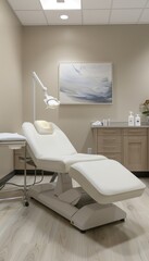 Fototapeta premium Post-Treatment Area in Botox Clinic with Comfortable Chair, Soft Lighting, and Relaxing Ambiance