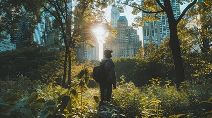 Influencer exploring urban wildlife, city parks, focus on coexistence