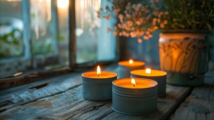 Rustic Handmade Candles in Vintage Tins on Wooden Table with Natural Lighting for Decorations