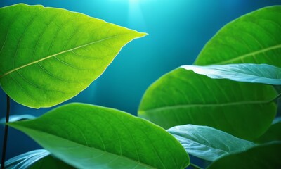 Fototapeta premium close-up view of green leaves with sunlight shining through them, creating a beautiful and natural atmosphere.