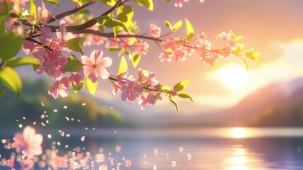 Fototapeta premium Pink cherry blossoms bloom on a branch overlooking a serene lake at sunset.
