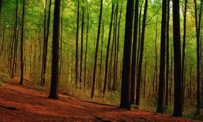 Fototapeta premium The image is of a forest with tall trees and a path through the woods.