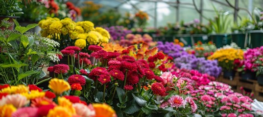 Fototapeta premium Vibrant Floral Display in Greenhouse Featuring Diverse Flower Species and Colors for Artistic Inspiration