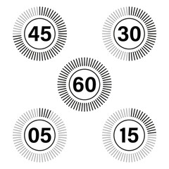 Fototapeta premium Timer countdown icons. Circular time indicators. Numbers with radial lines. Vector illustration.