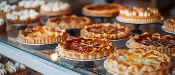 Assortment of delicious pies displayed in a bakery showcase.