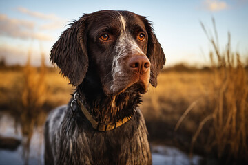 Portrait of a Drahthaar on a hunt