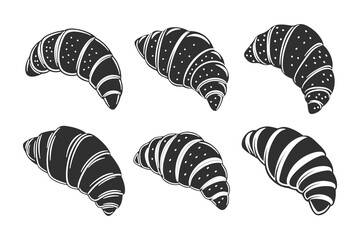 Set of hand drawn french croissants, engraving, pastry silhouettes. Black and white illustration, icons