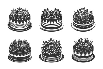 Set of hand drawn strawberry cakes, engraving, baking silhouettes. Black and white illustration, icons