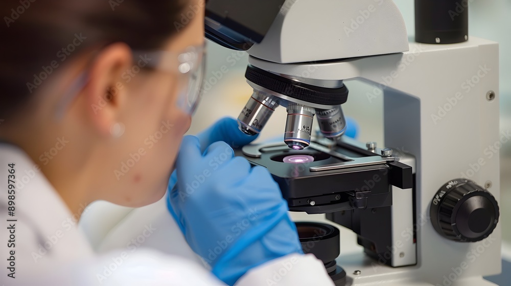 Poster Scientist Examining Biological Samples Under Microscope in Laboratory