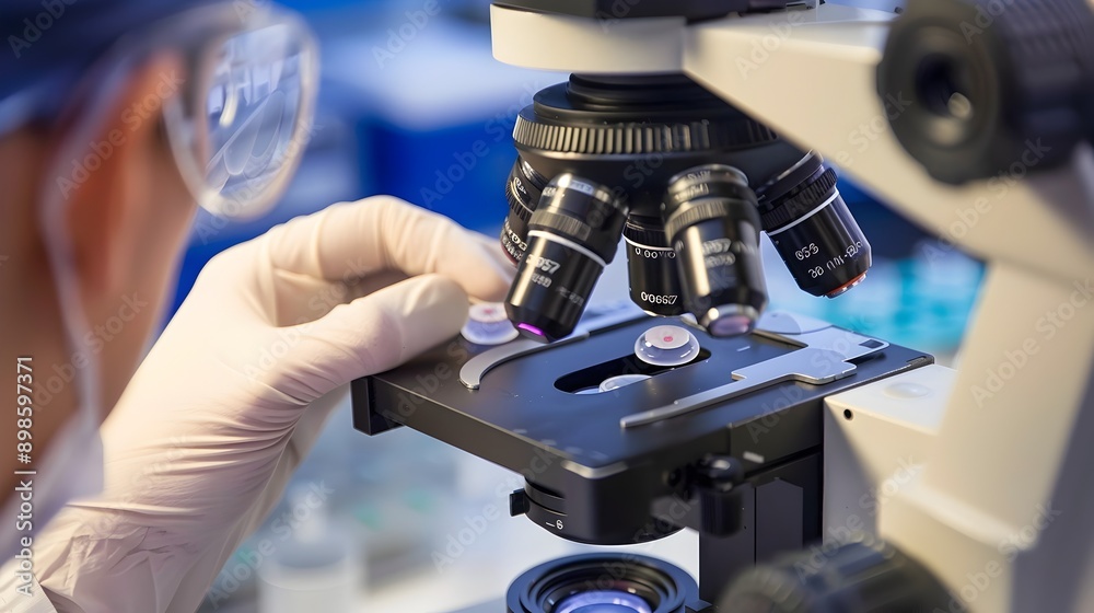 Poster Scientist Examining Stem Cells Under a Sophisticated Microscope in a Modern Laboratory Setting