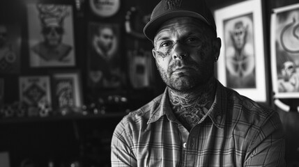 Monochrome portrait of a tattoo artist, colorful ink telling countless stories