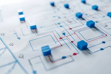 Blue blocks connected by red and white lines on a white background, representing a complex network or system.